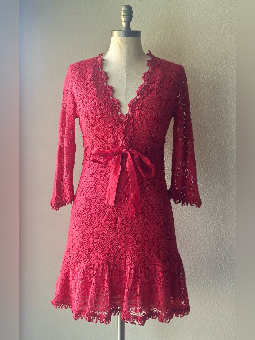 Temptation Positano Tectite Red Cotton Lace Mini Dress Size S Made in Italy Boho